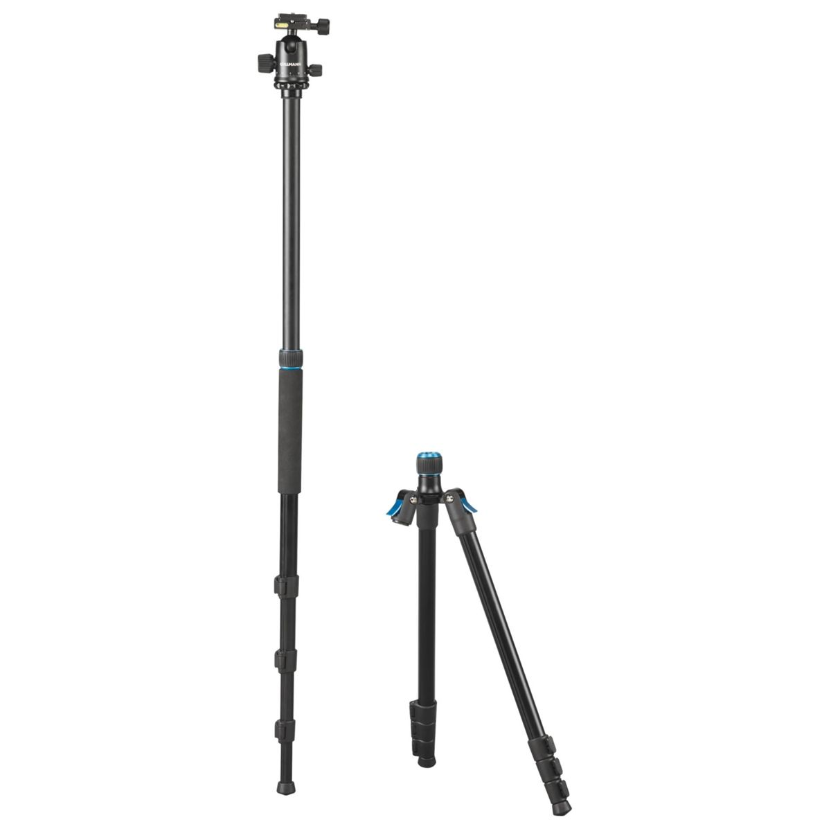 Statyw, jeden w pełni rozłożony, jeden złożony. Czarny, z niebieskimi akcentami.