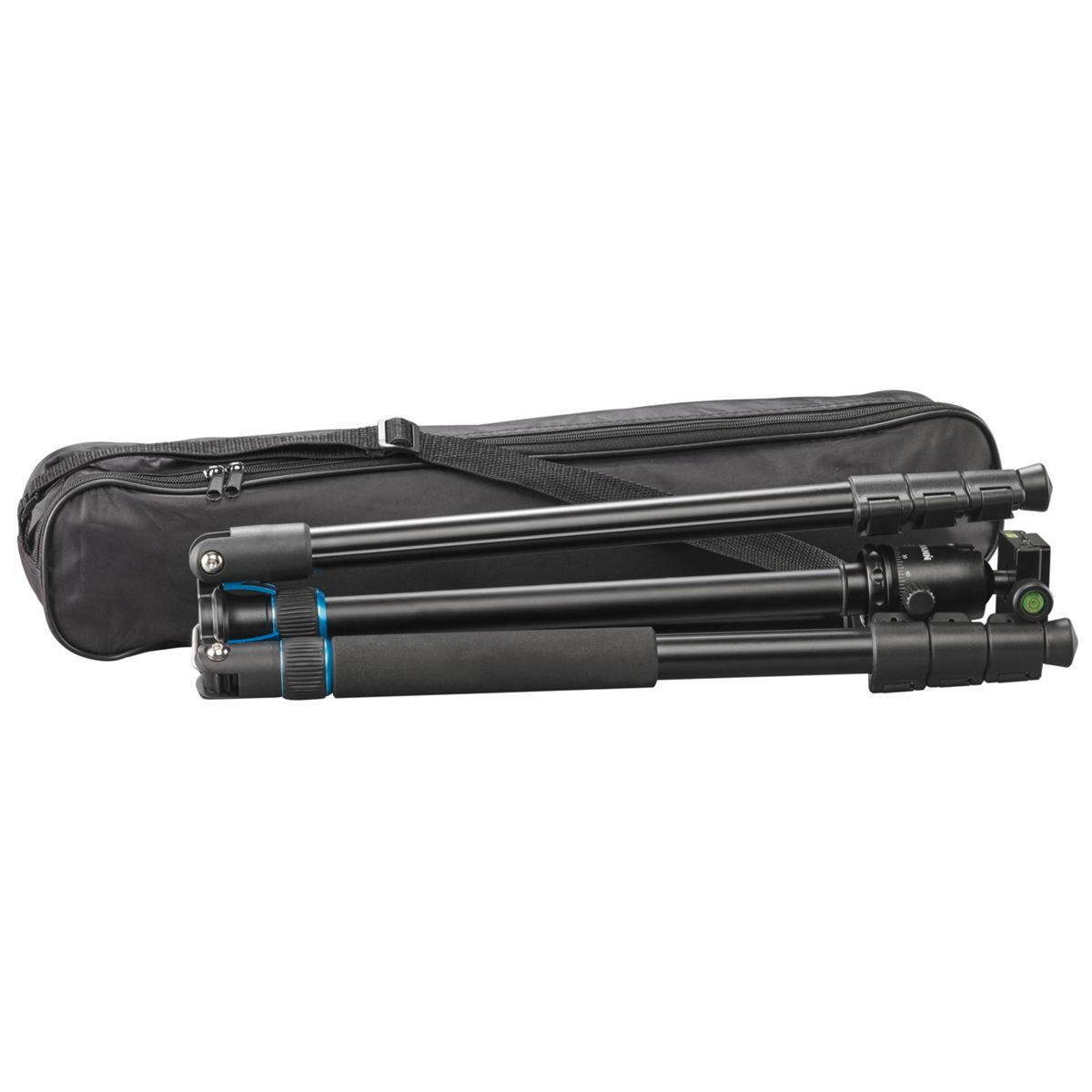 Czarny statyw i czarny futerał. Białe tło.