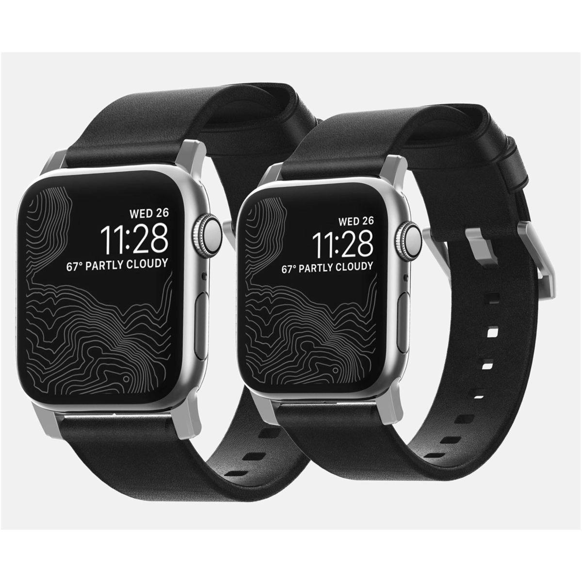 Zwei Smartwatches mit schwarzen Armbändern, die die gleiche Uhrzeit und das gleiche Interface anzeigen.