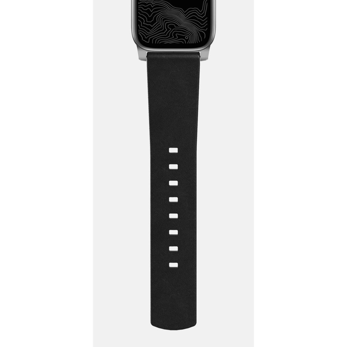 Schwarzes Smartwatch-Armband mit Schnalle. Die Uhr zeigt eine schwarz-weiße topografische Karte.