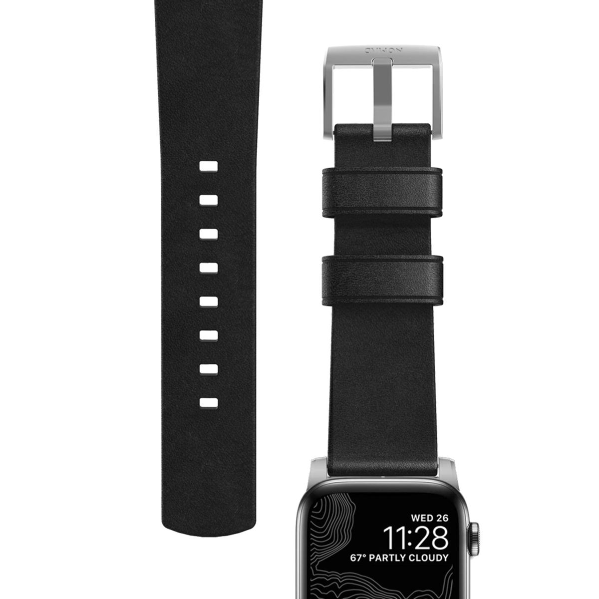 Nahaufnahme eines schwarzen Leder-Armbands mit silberner Schnalle. Die Uhr zeigt Datum und Uhrzeit.