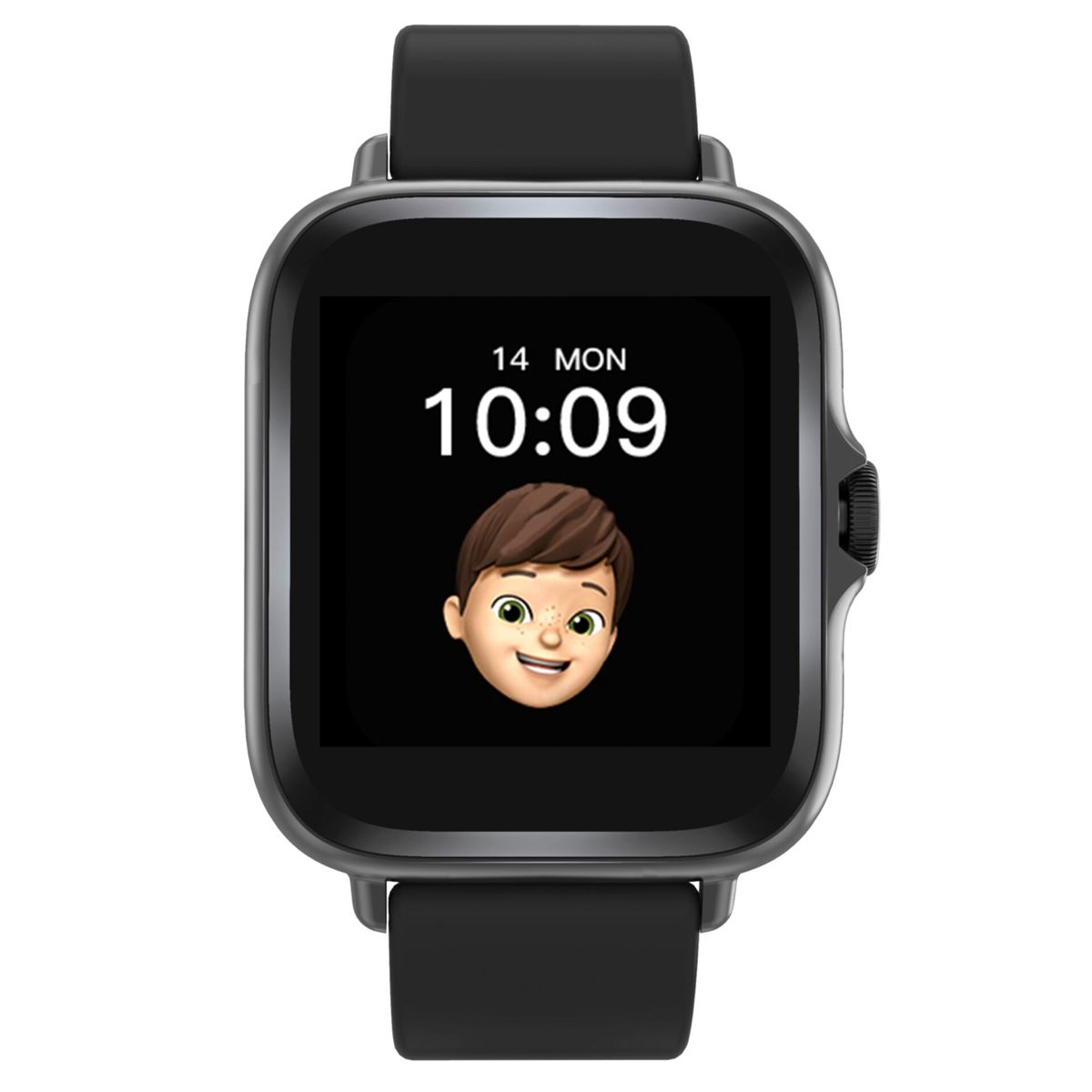 Smartwatch wyświetlający twarz chłopca z kreskówki i godzinę 10:09. Zegarek jest czarny z czarnym paskiem.