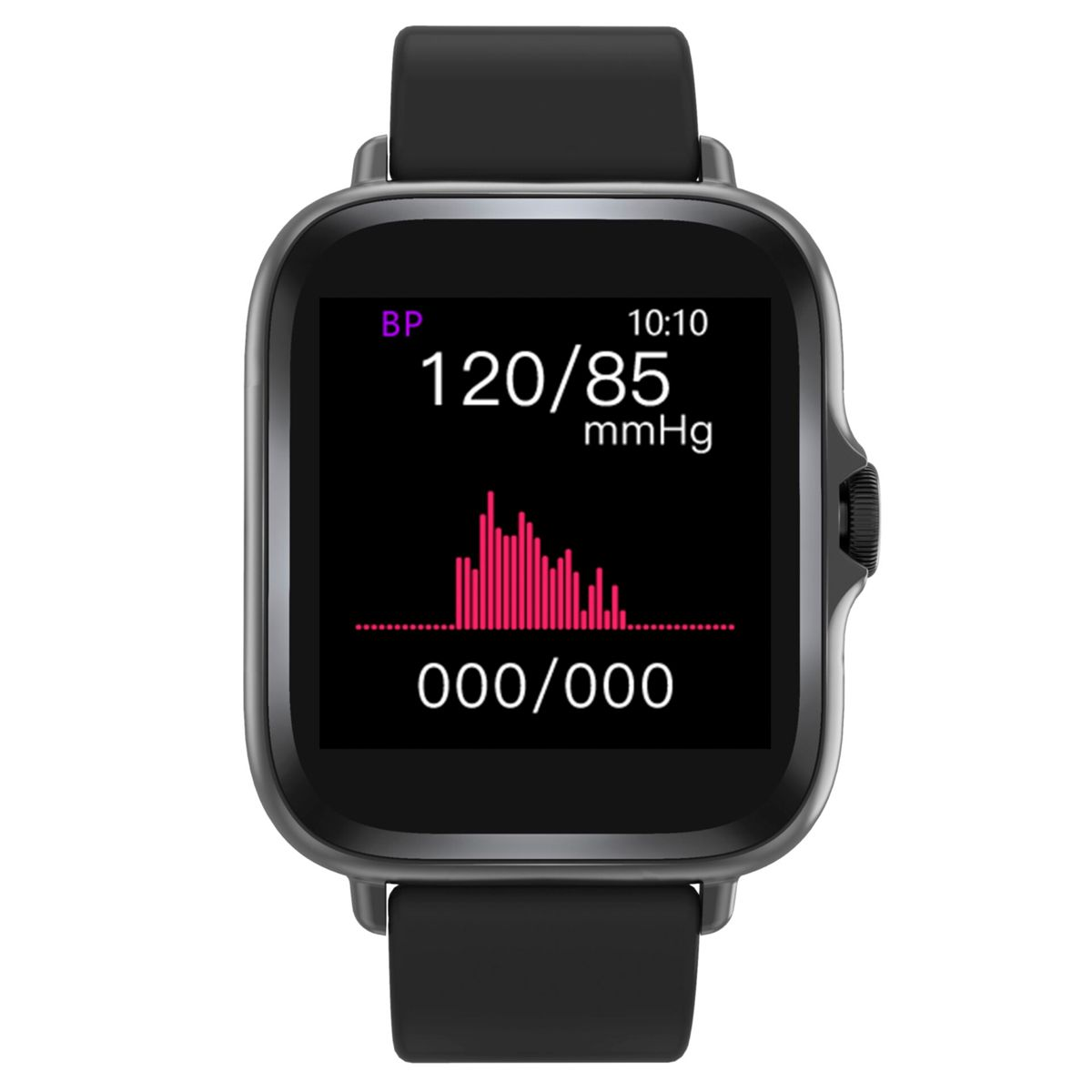 Smartwatch wyświetlający wyniki ciśnienia krwi: 120/85 mmHg i przebieg fali. Zegarek jest czarny z czarnym paskiem.