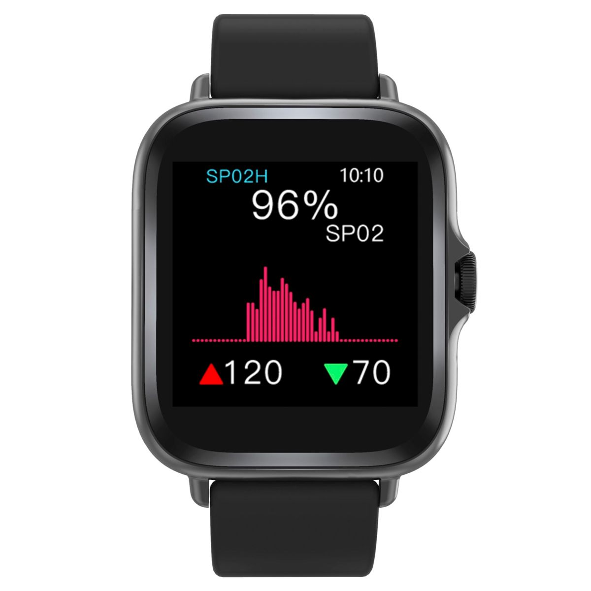 Smartwatch wyświetlający odczyty SP02: 96% i przebieg fali. Zegarek jest czarny z czarnym paskiem. Czerwone/zielone strzałki.