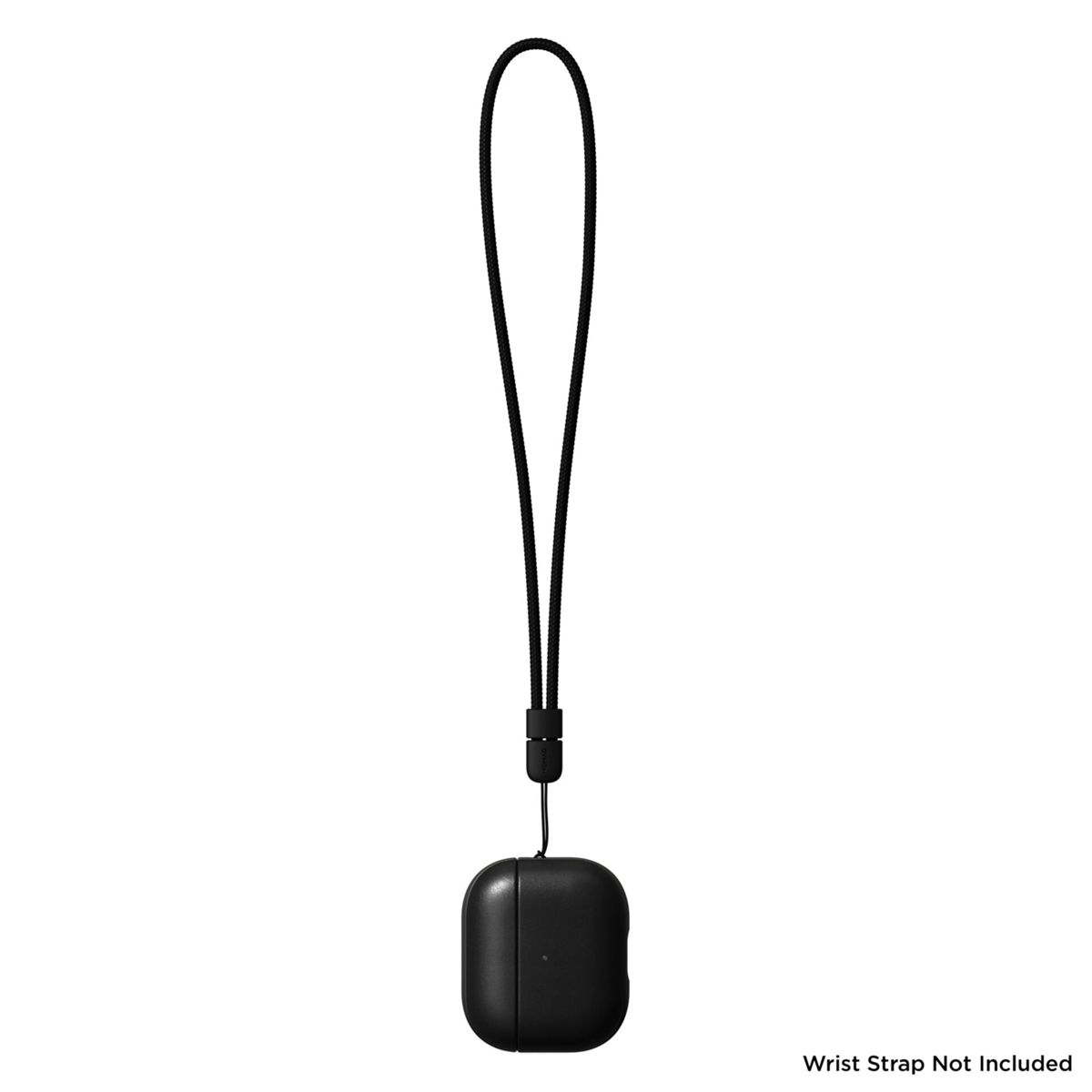 Custodia AirPods nera con cordino nero. La custodia è appesa al cordino su sfondo bianco.