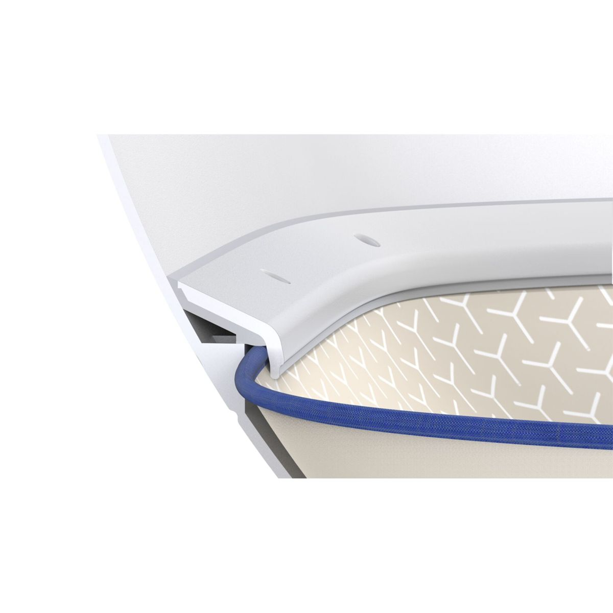 Primer plano de un detalle de superficie azul y blanco. La superficie tiene un patrón geométrico y un borde azul.