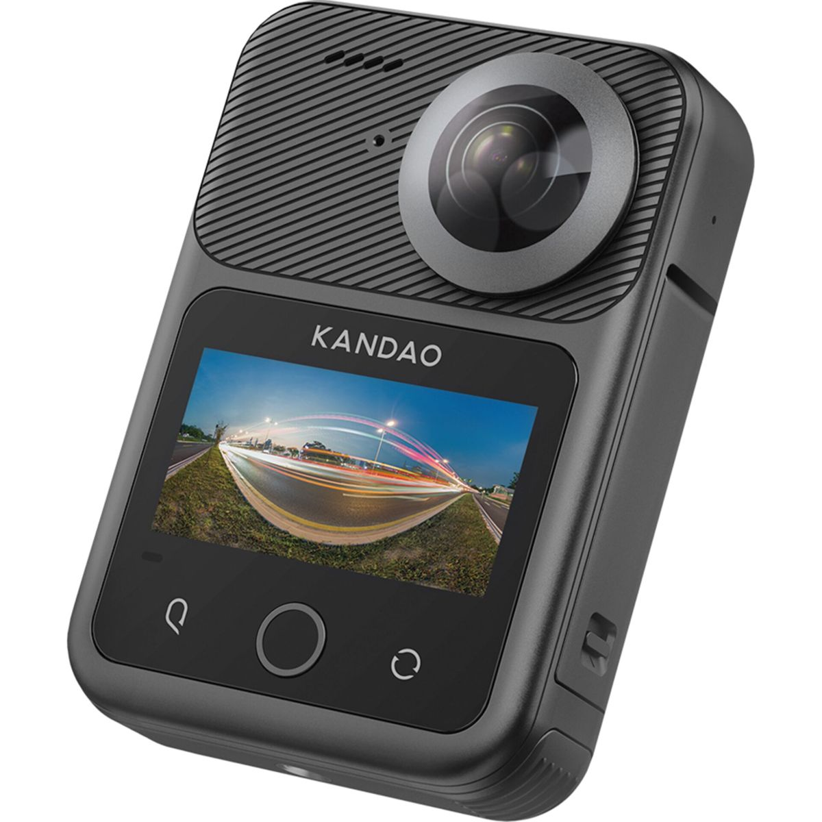 Schwarze 360-Grad-Kamera mit Bildschirm, Objektiv und Tasten.