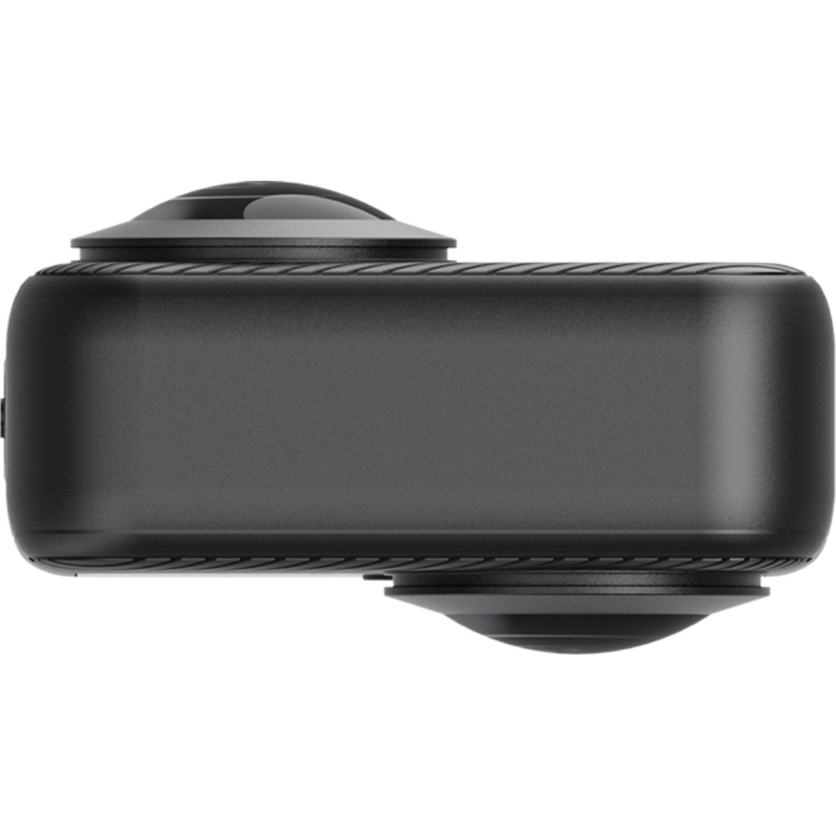 Eine schwarze Kamera mit zwei Objektiven ist horizontal auf einem weißen Hintergrund isoliert.