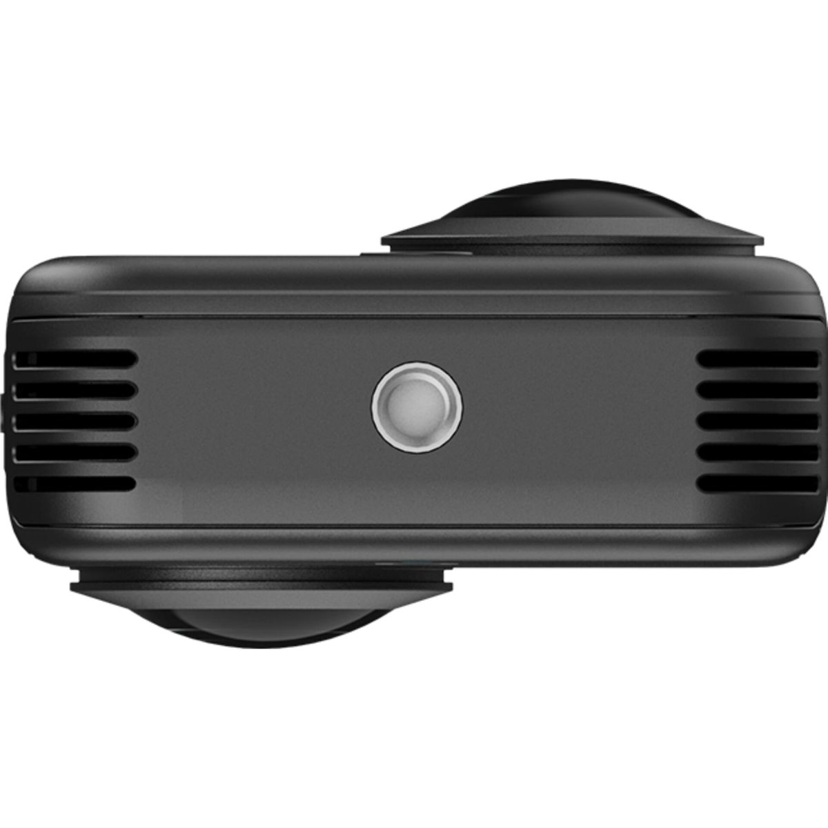 Eine schwarze Kamera mit zwei Objektiven ist horizontal auf einem weißen Hintergrund isoliert.