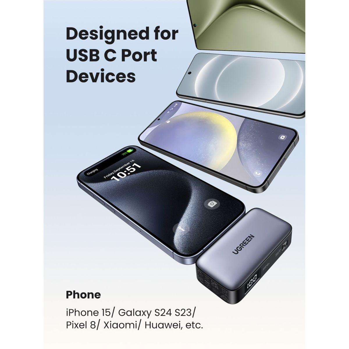 Grafika przedstawiająca telefony i power bank UGREEN. Power bank pokazuje 100% naładowania.