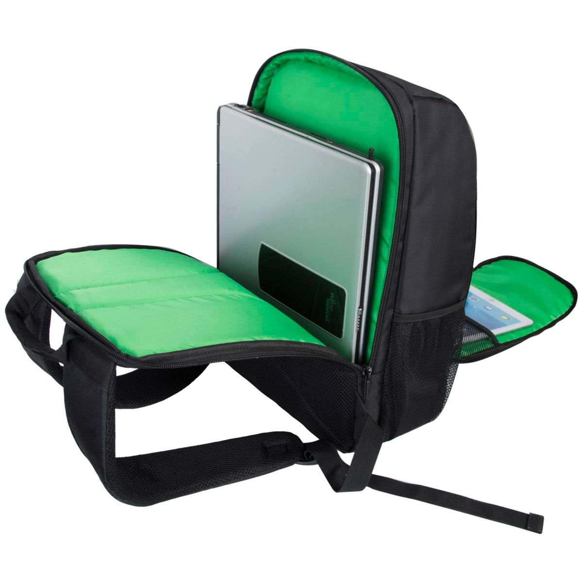 Ein offener schwarzer Rucksack mit einem Laptop und einem Tablet im Inneren.