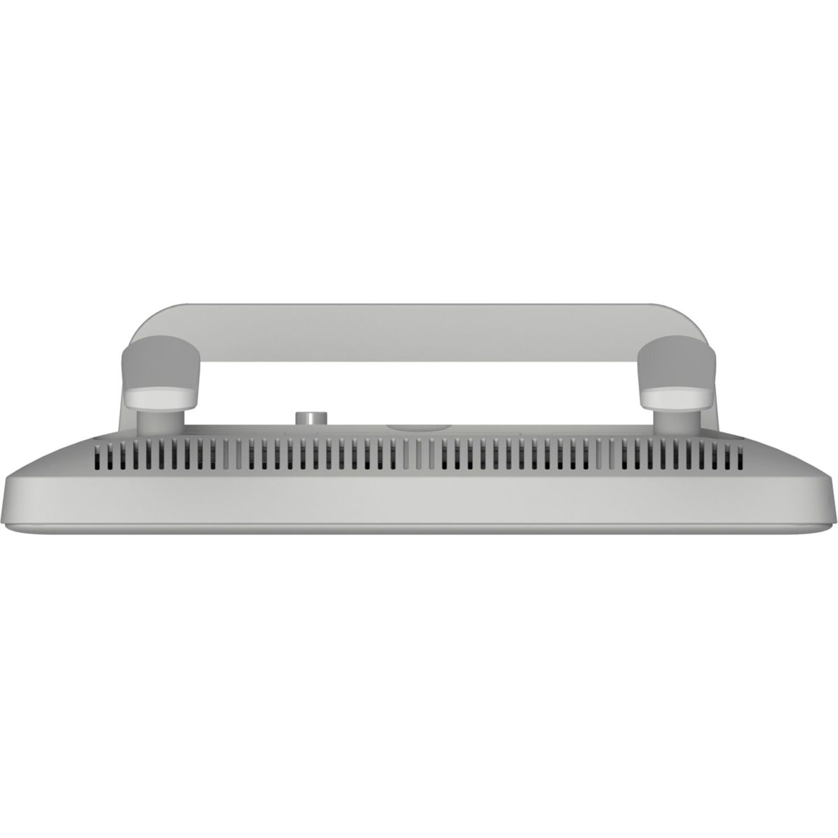 Un monitor gris desde abajo. Tiene un asa, ventilaciones y un botón de encendido.