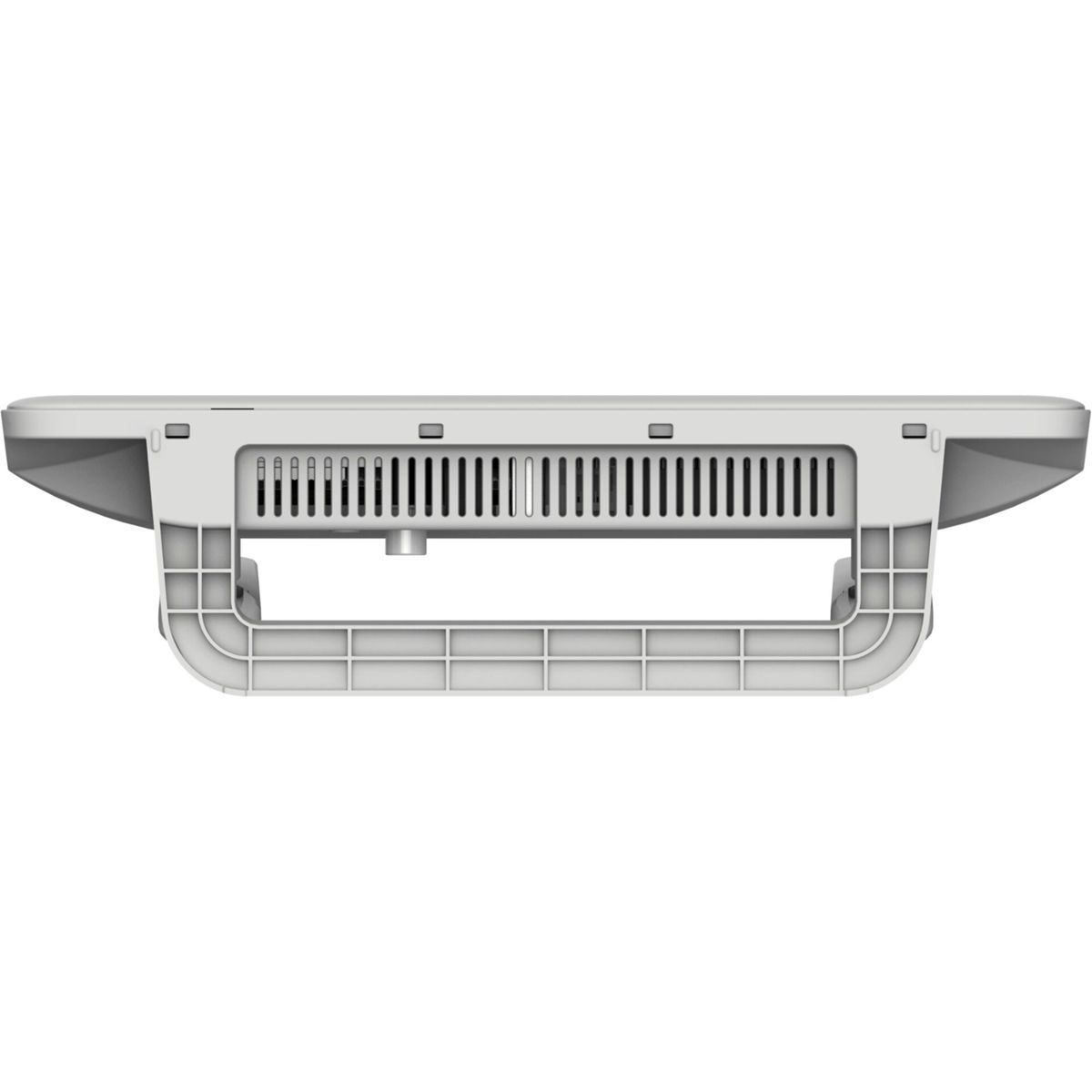 Se muestra un monitor gris desde la parte trasera. Tiene un asa y ventilaciones.