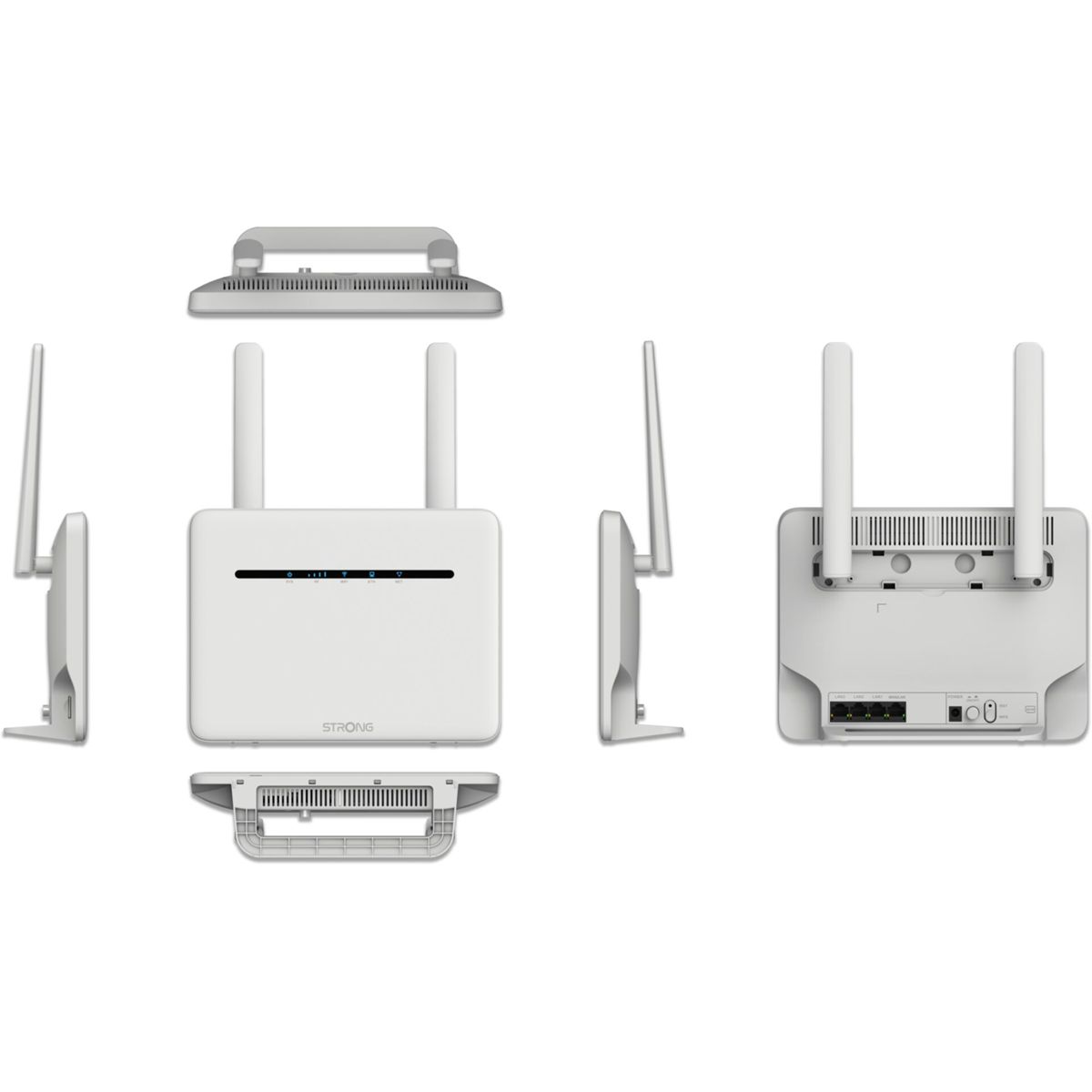 Un enrutador blanco con antenas, mostrado desde múltiples ángulos. Tiene una forma rectangular.