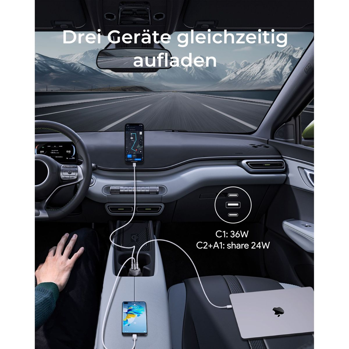 El interior de un coche muestra un teléfono cargando con un mapa y puertos de carga. Un portátil está conectado.