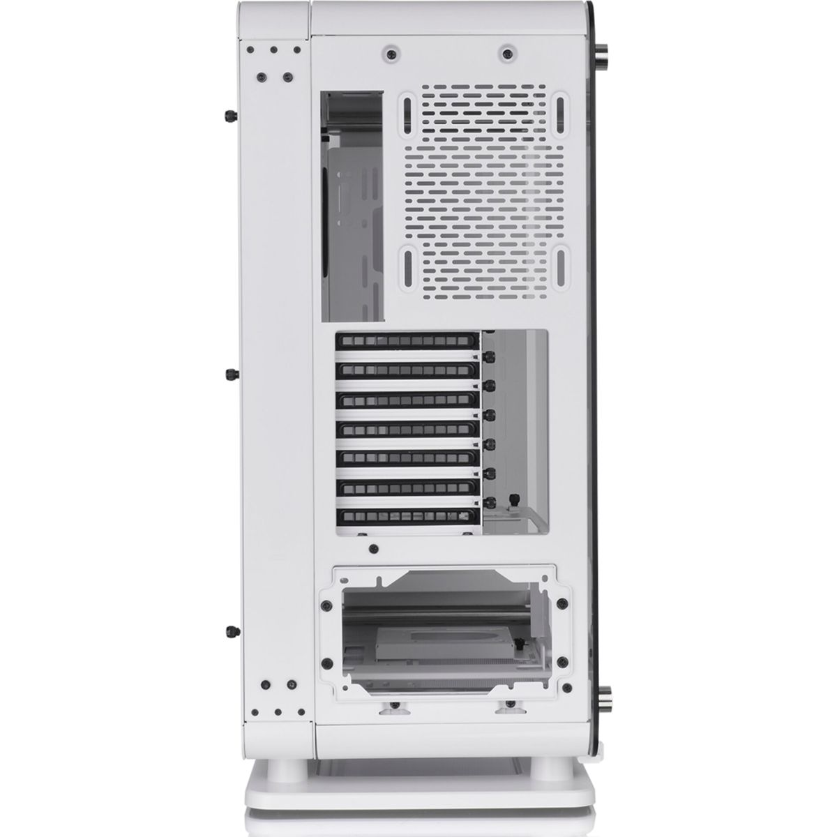 Case per computer bianco con pannello laterale trasparente, prese d'aria e componenti interni visibili.