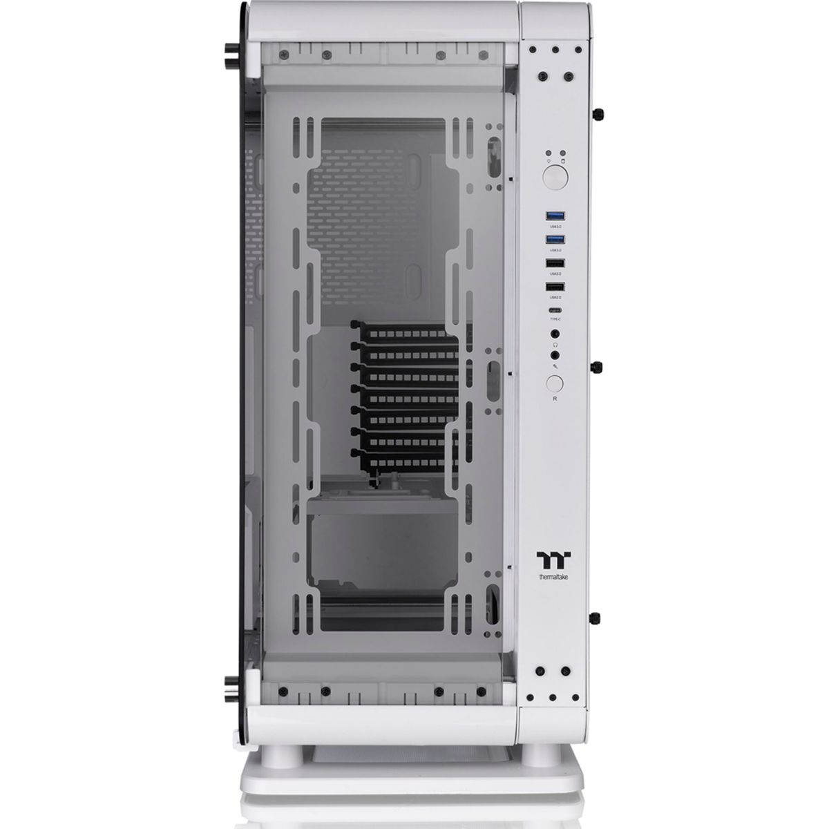 Case per computer bianco con pannello laterale trasparente, porte e logo, che mostra i componenti interni.