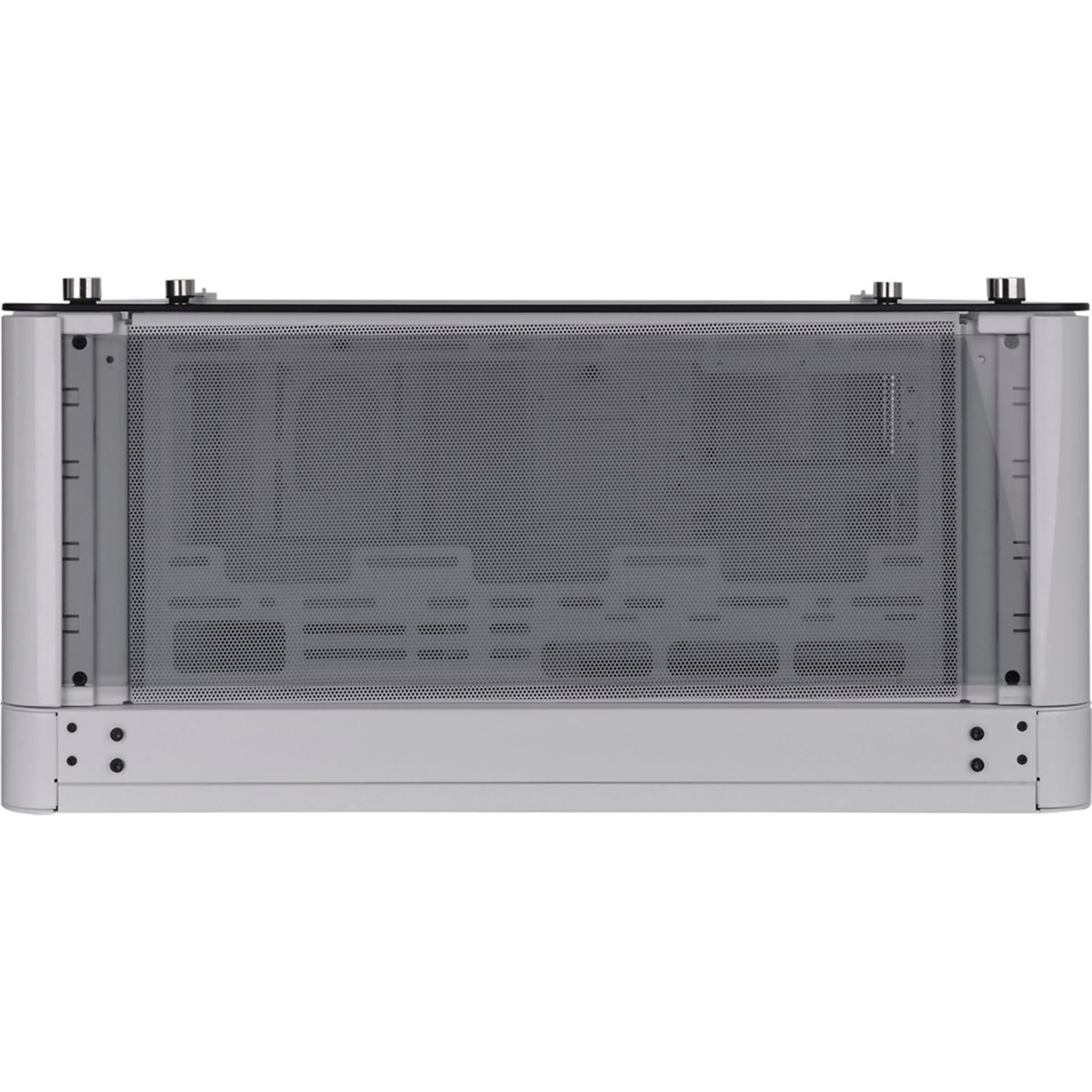 Un case per computer bianco con retro perforato, che mostra i componenti interni. È una vista posteriore.