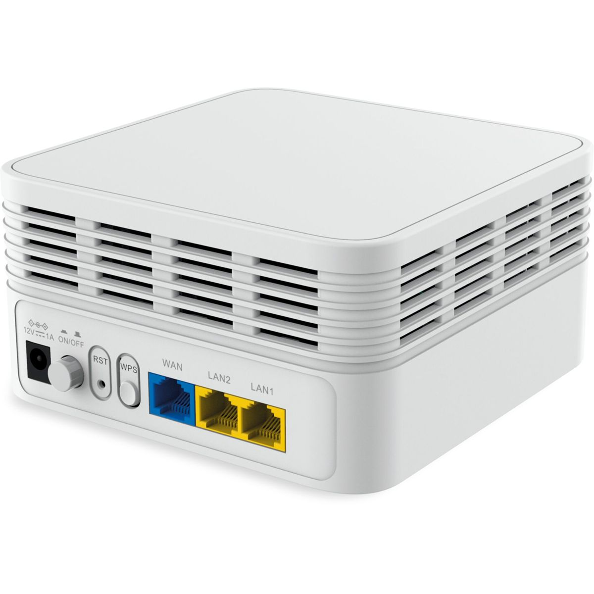 Biały router z otworami wentylacyjnymi i portami. Posiada przycisk zasilania i porty LAN.