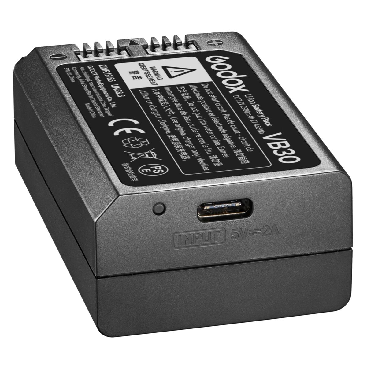 Czarny akumulator Godox VB30 z etykietami i portem USB. Wejście to 5V=2A.