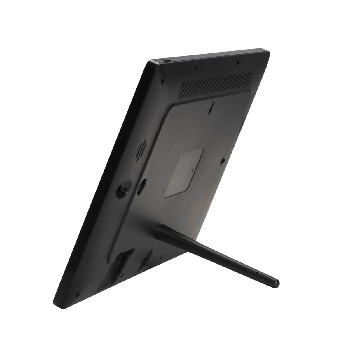 Czarna cyfrowa ramka na zdjęcia, widok z tyłu, ze stojakiem.