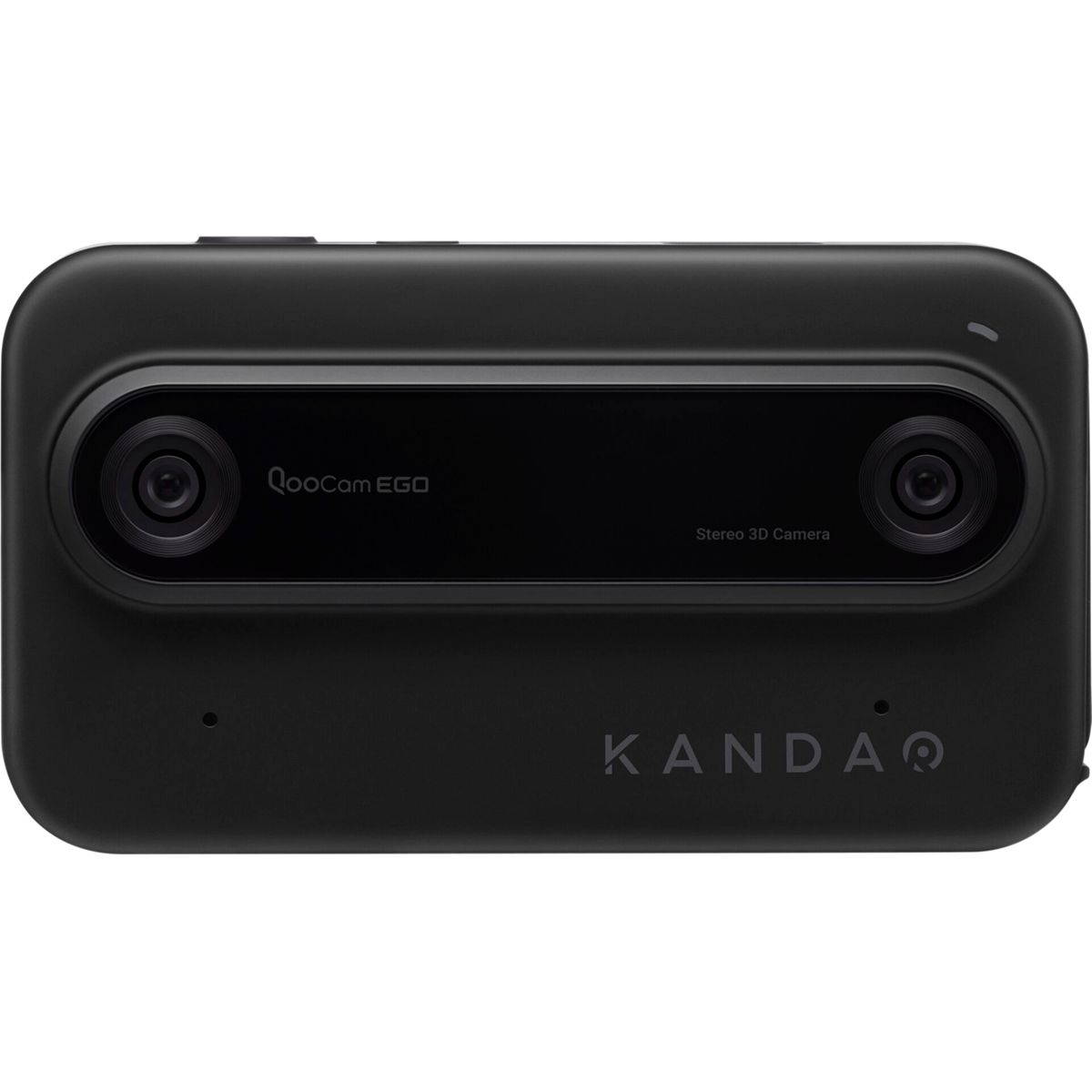 Eine schwarze QooCam EGO Kamera mit zwei Objektiven und dem KANDAO Logo.