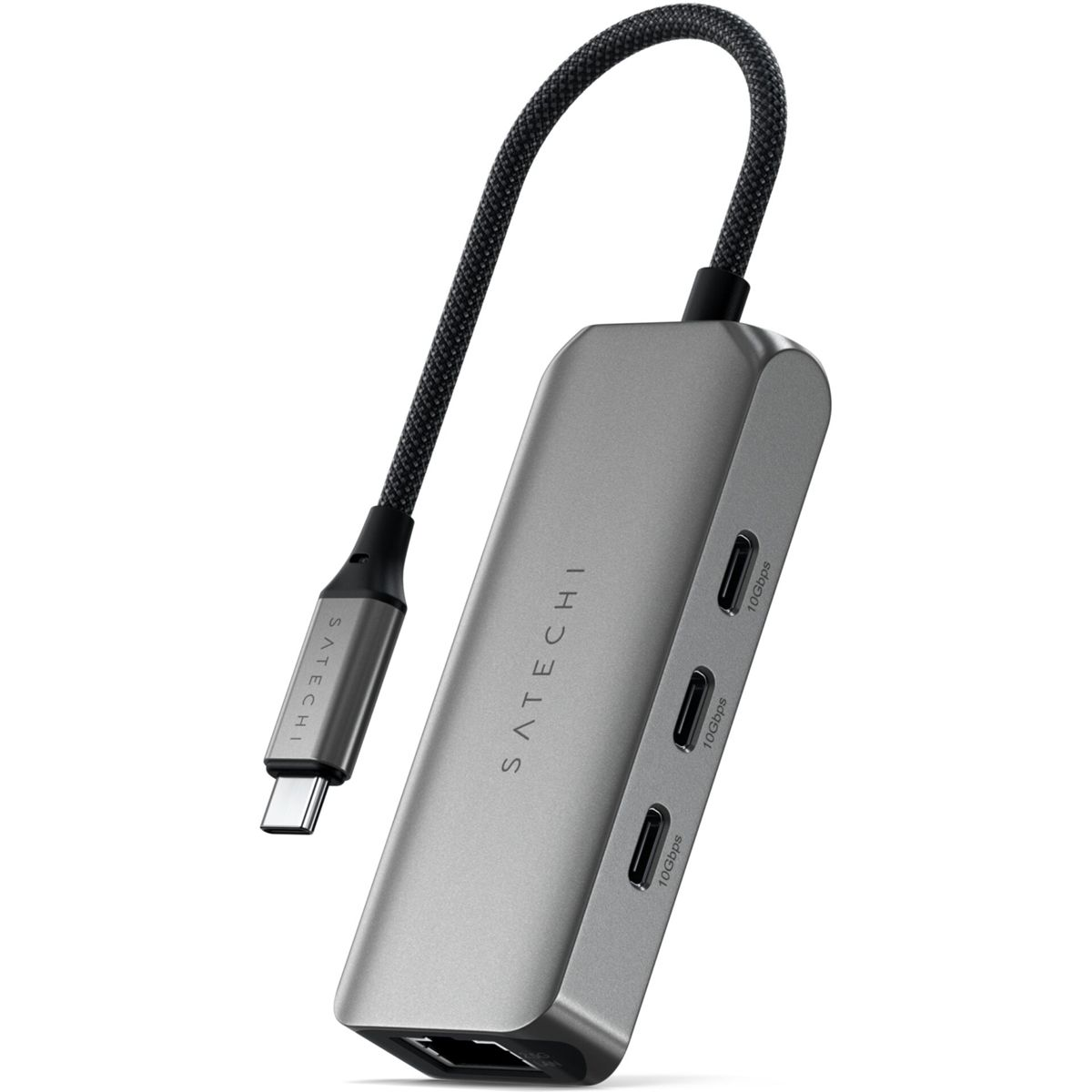 Ein silberner Satechi USB-C-Hub mit mehreren Anschlüssen und einem schwarzen Kabel.