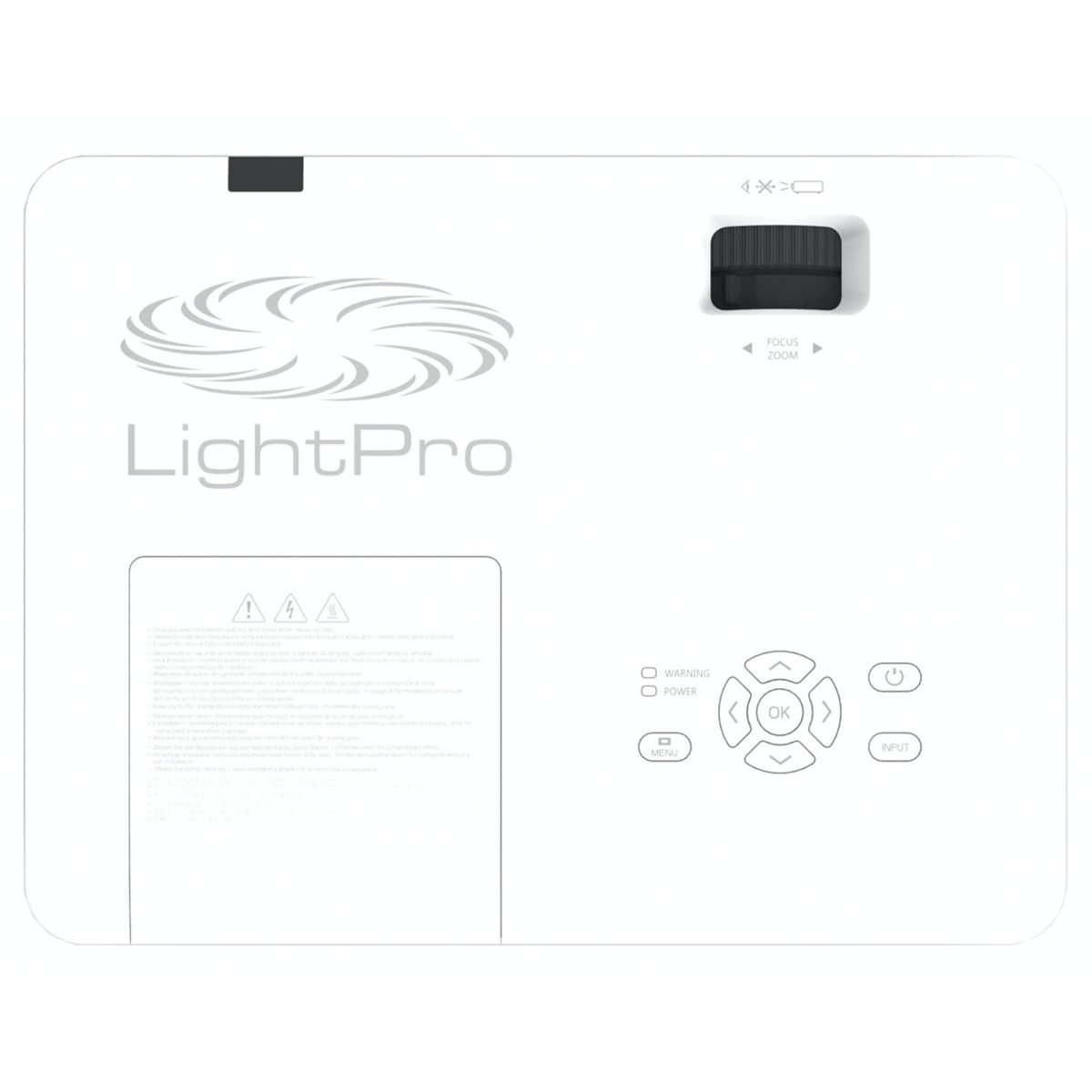 Un proyector blanco con botones de control y el logotipo de LightPro, visto desde arriba.