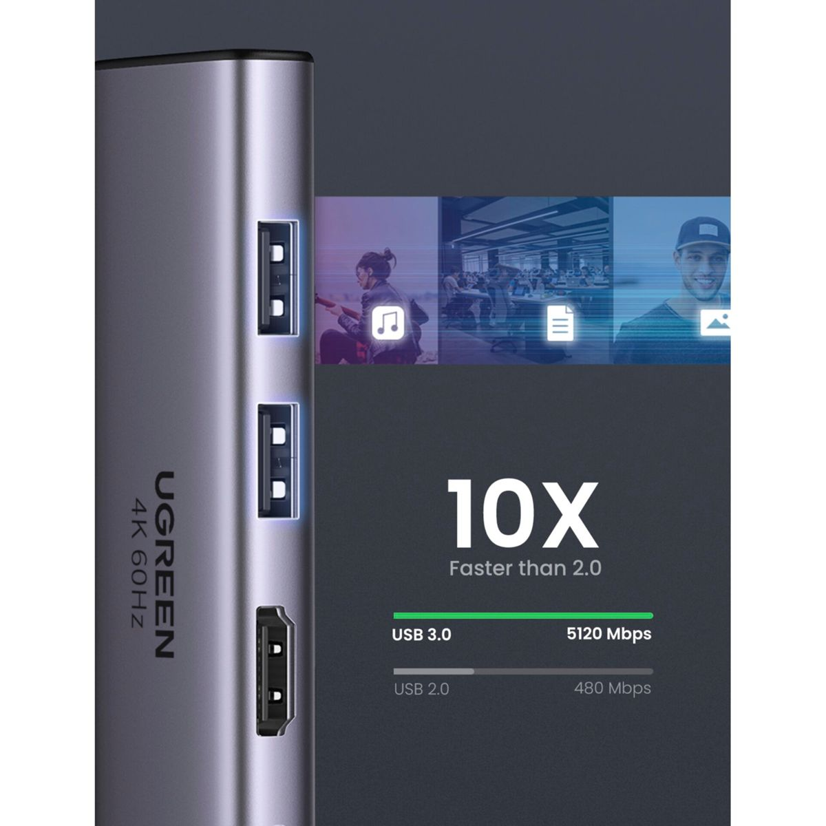 Czarny hub z portami USB i wyświetlaczem pokazującym prędkości transferu danych.