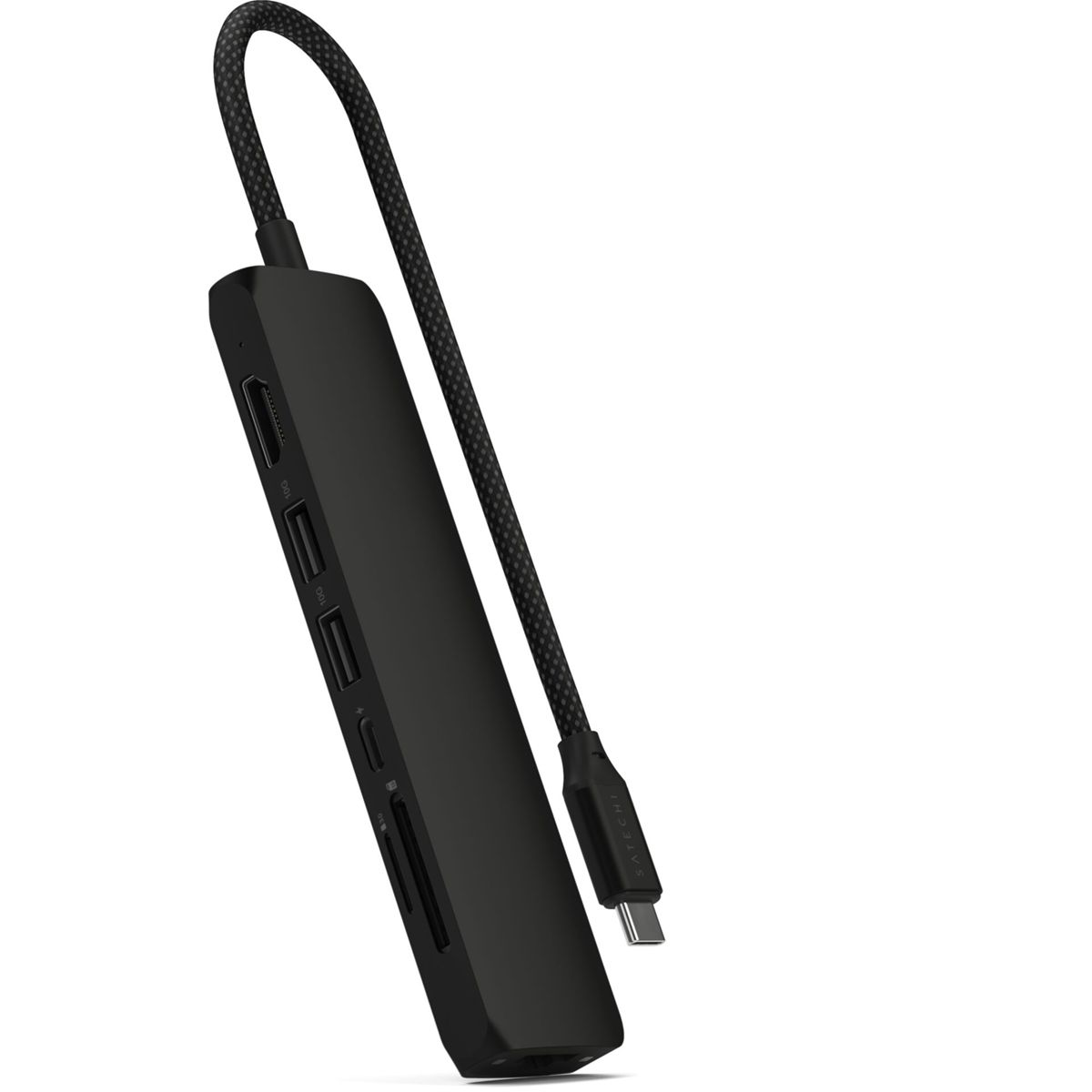 Ein schwarzer USB-C-Hub mit mehreren Anschlüssen, einschließlich HDMI und SD-Kartenleser.