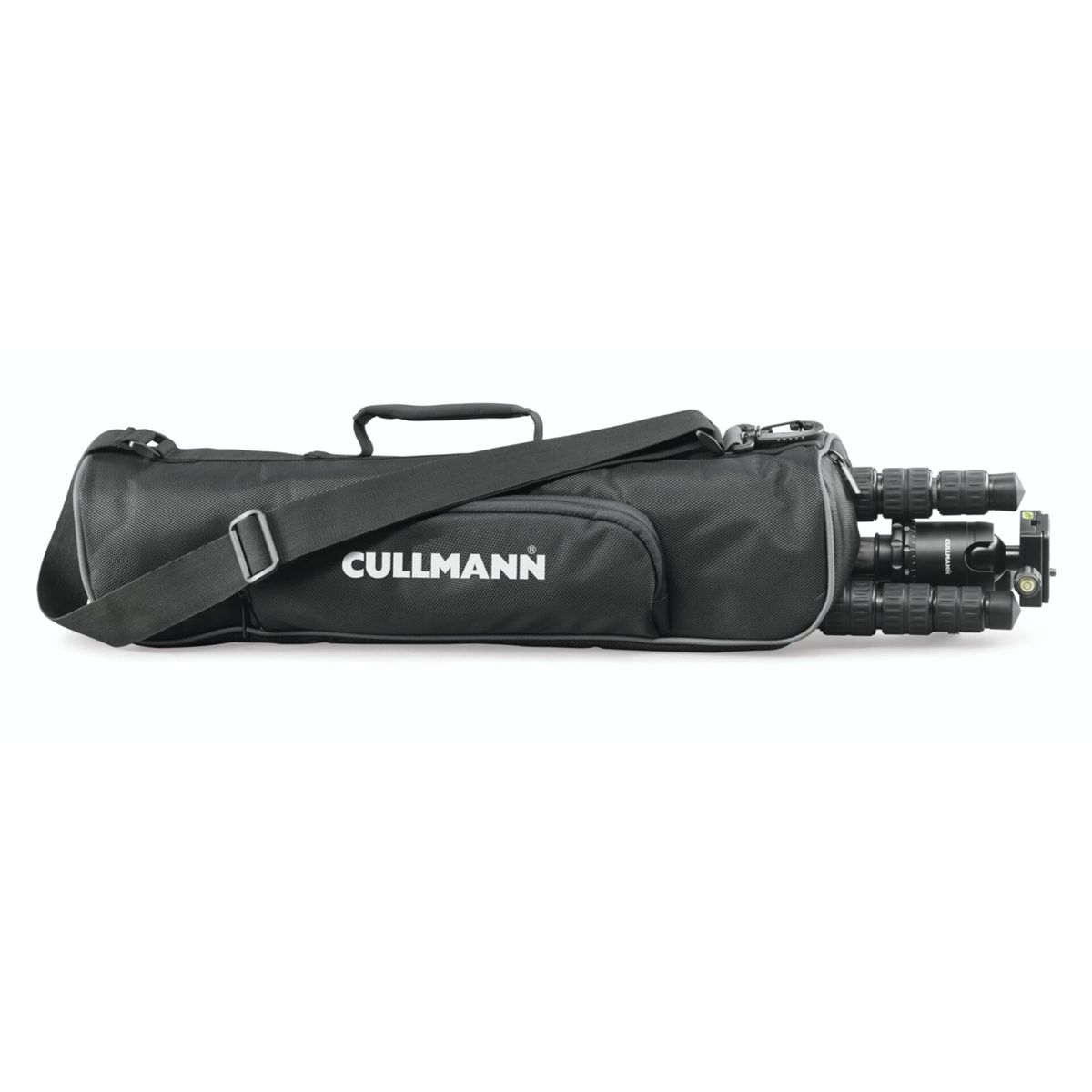Trípode negro en una bolsa de transporte. El texto blanco dice 'CULLMANN'. La bolsa tiene una correa.