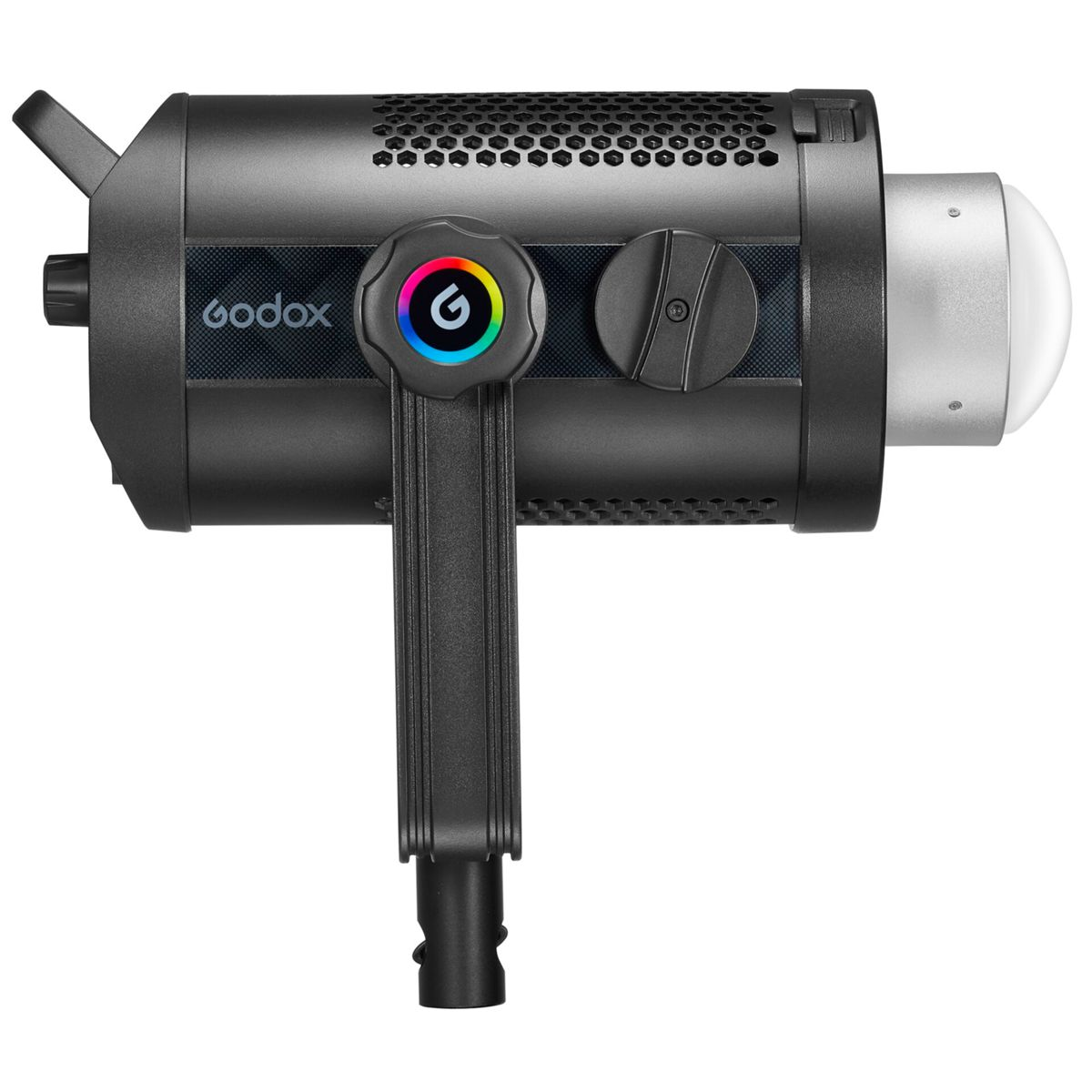 Projecteur vidéo LED Godox noir. Il possède une poignée, un panneau de contrôle et est monté sur un pied. Isolé sur fond blanc.