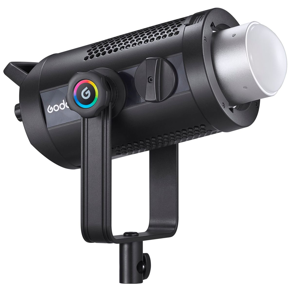 Projecteur vidéo LED Godox noir, sur un pied. Il possède une poignée, un panneau de contrôle et une lumière blanche. Isolé sur fond blanc.