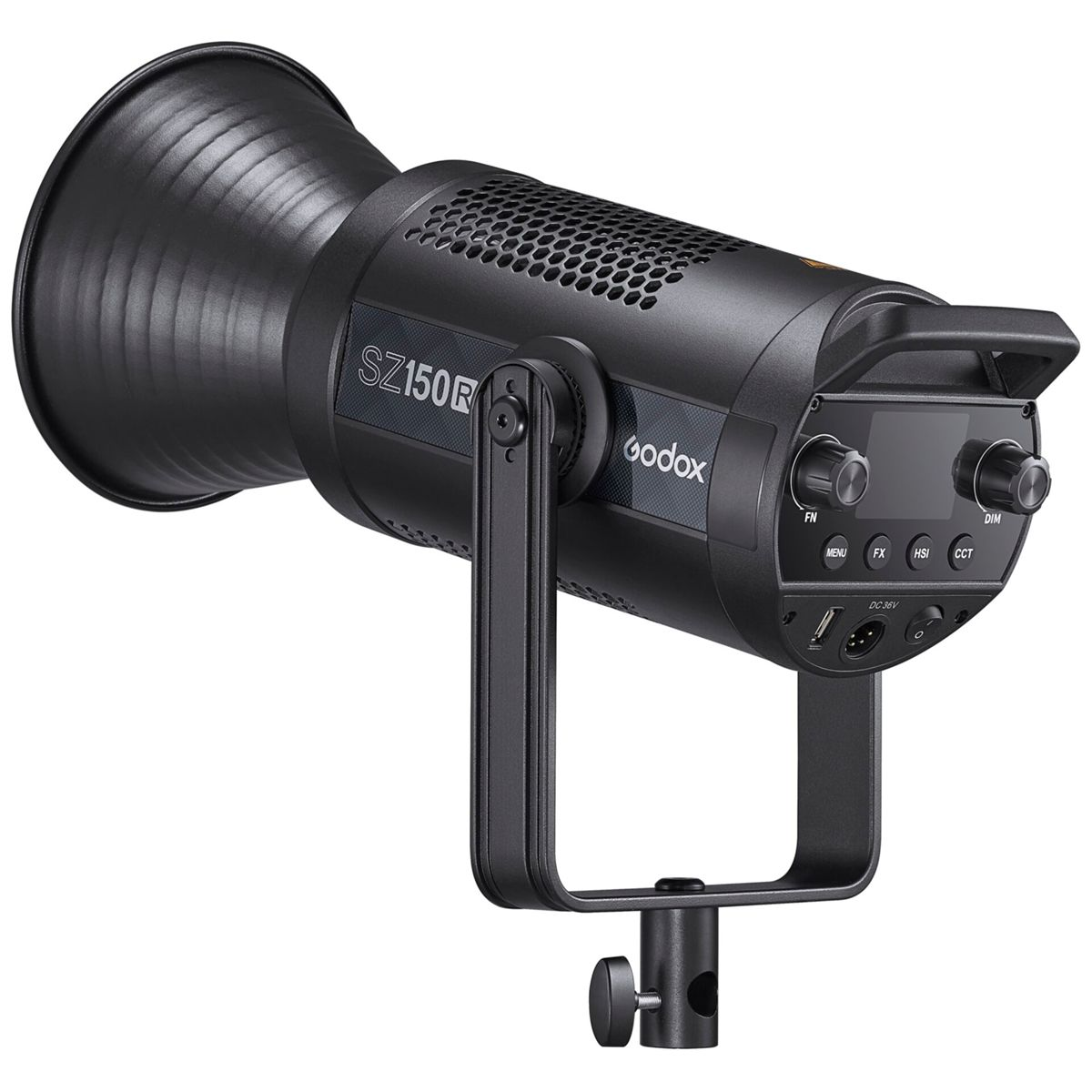 Projecteur vidéo LED Godox SZ150R noir. Il possède une poignée, un panneau de contrôle et est monté sur un pied. Isolé sur fond blanc.