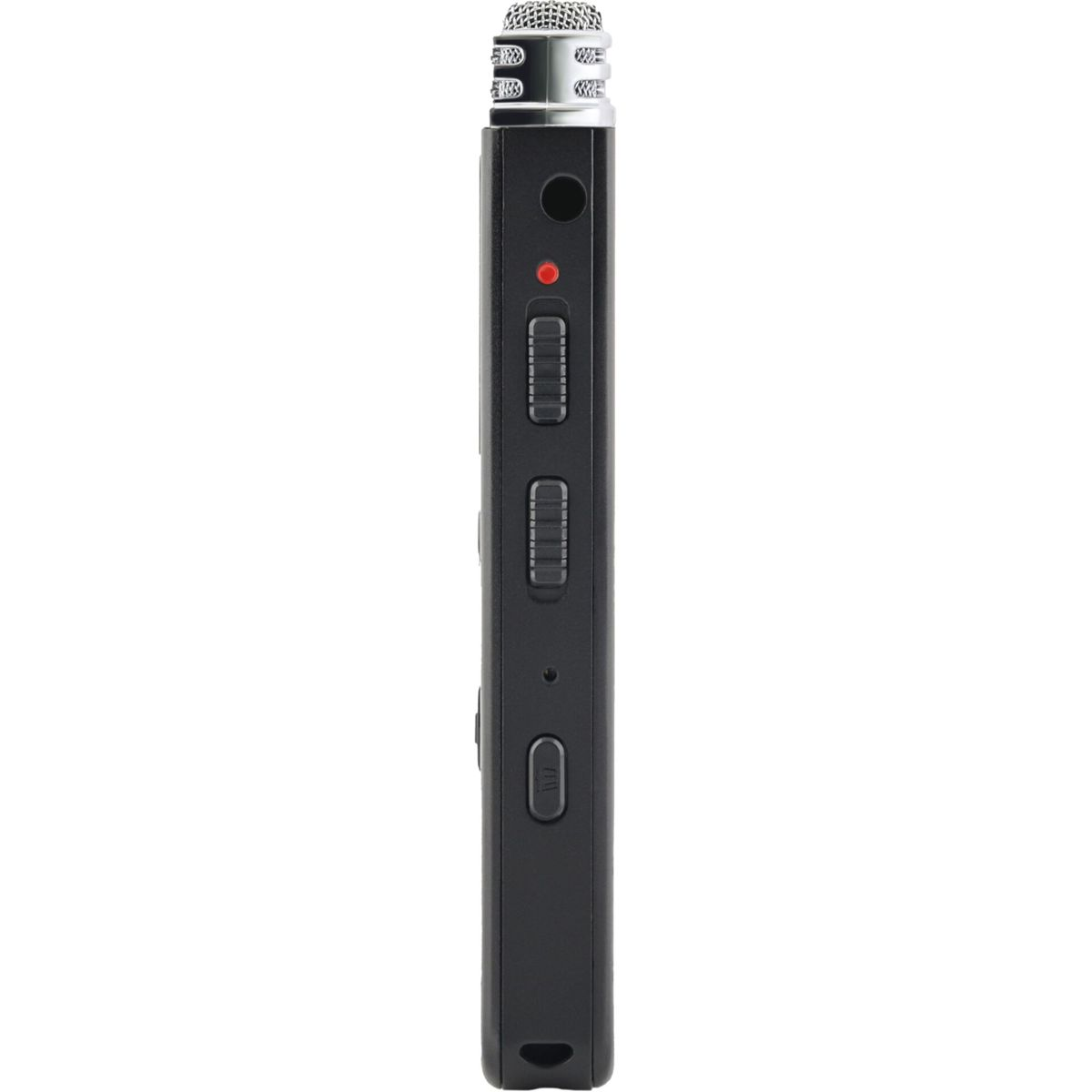 Ein schwarzes digitales Diktiergerät mit Knöpfen und Mikrofon, rotes Licht an.