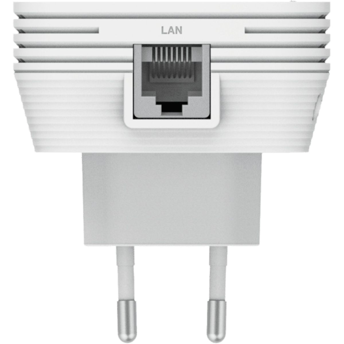 Biały adapter sieciowy z portem LAN i dwoma srebrnymi bolcami do gniazdka.