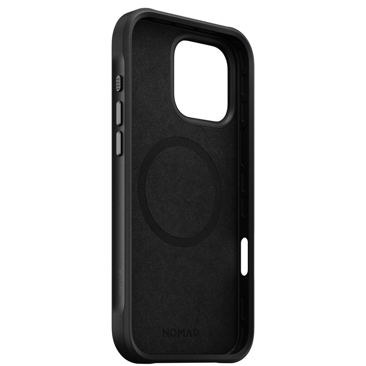 Custodia per telefono nera con fori per fotocamera e pulsanti. Interno con cerchio magsafe.