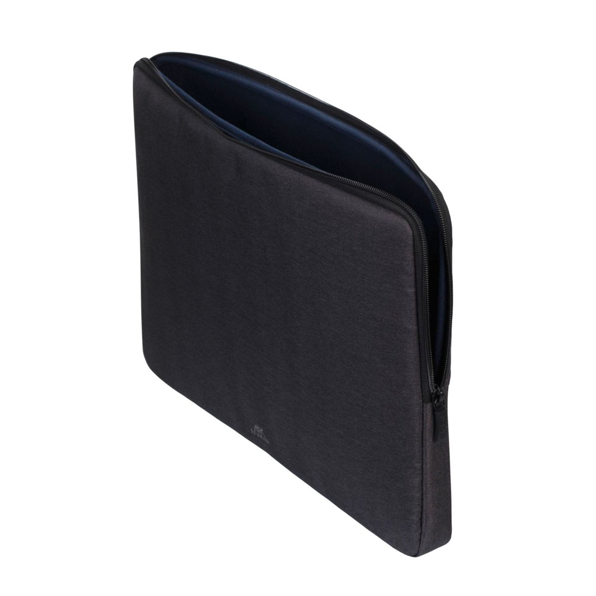 Dunkelgraue Laptoptasche, offen mit Reißverschluss, die ein dunkelblaues Innere zeigt.