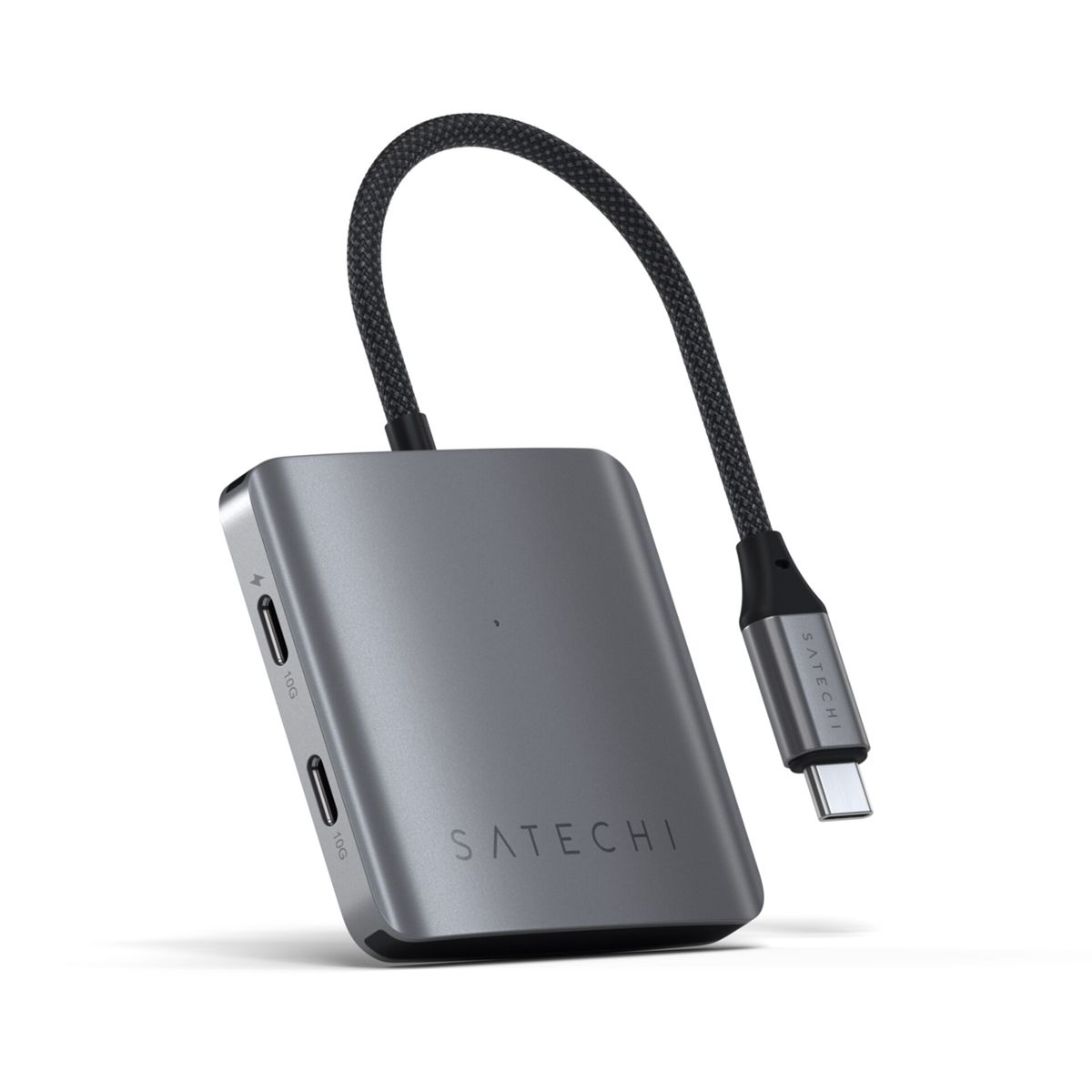 Srebrno-szary hub z dwoma portami USB i kablem USB-C. Widoczne logo Satechi.