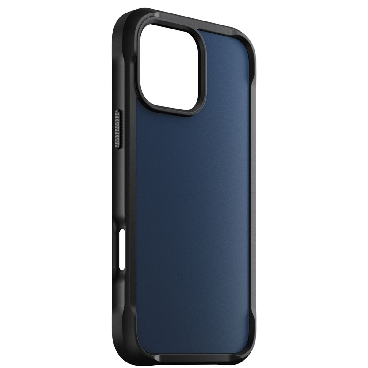 Custodia per iPhone nera e blu con un ritaglio per la fotocamera, una cornice nera attorno allo schermo.