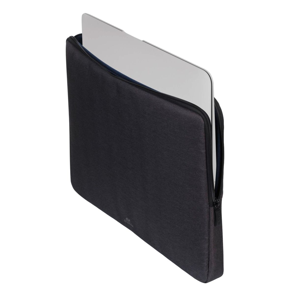 Dunkelgraue Laptoptasche mit Laptop darin, Reißverschluss offen, mit blauem Innenraum.