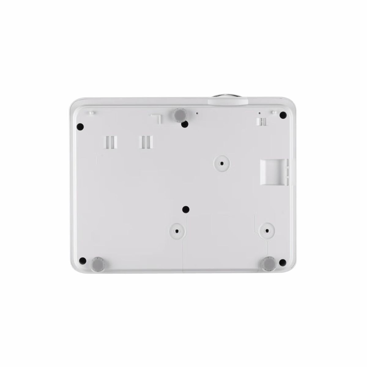 Baza białego projektora z widocznymi śrubami i gumowymi nóżkami na białym tle.