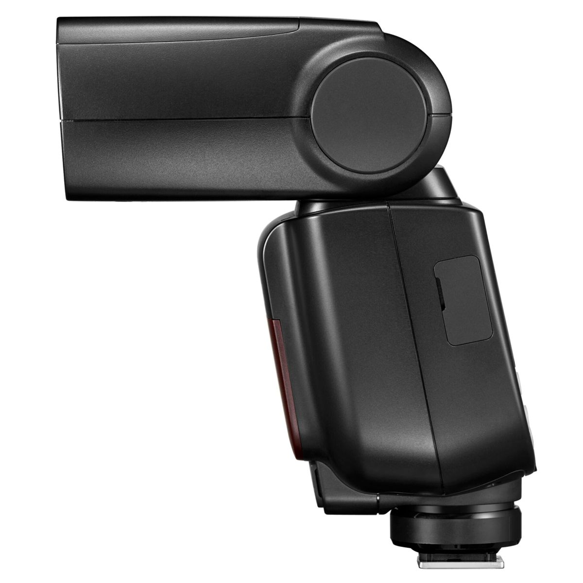 Czarna lampa błyskowa do aparatu. Lampa błyskowa ma czarny korpus z czerwoną sekcją.