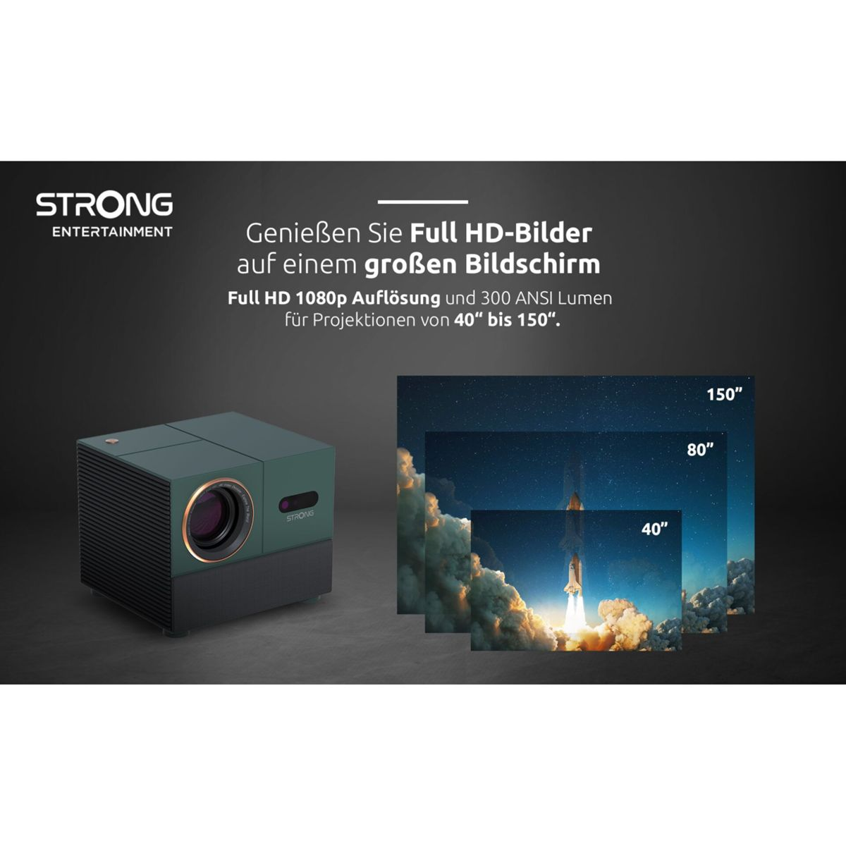 Zielono-czarny projektor z tekstem i zdjęciami startu rakiety i rozmiarów ekranu.