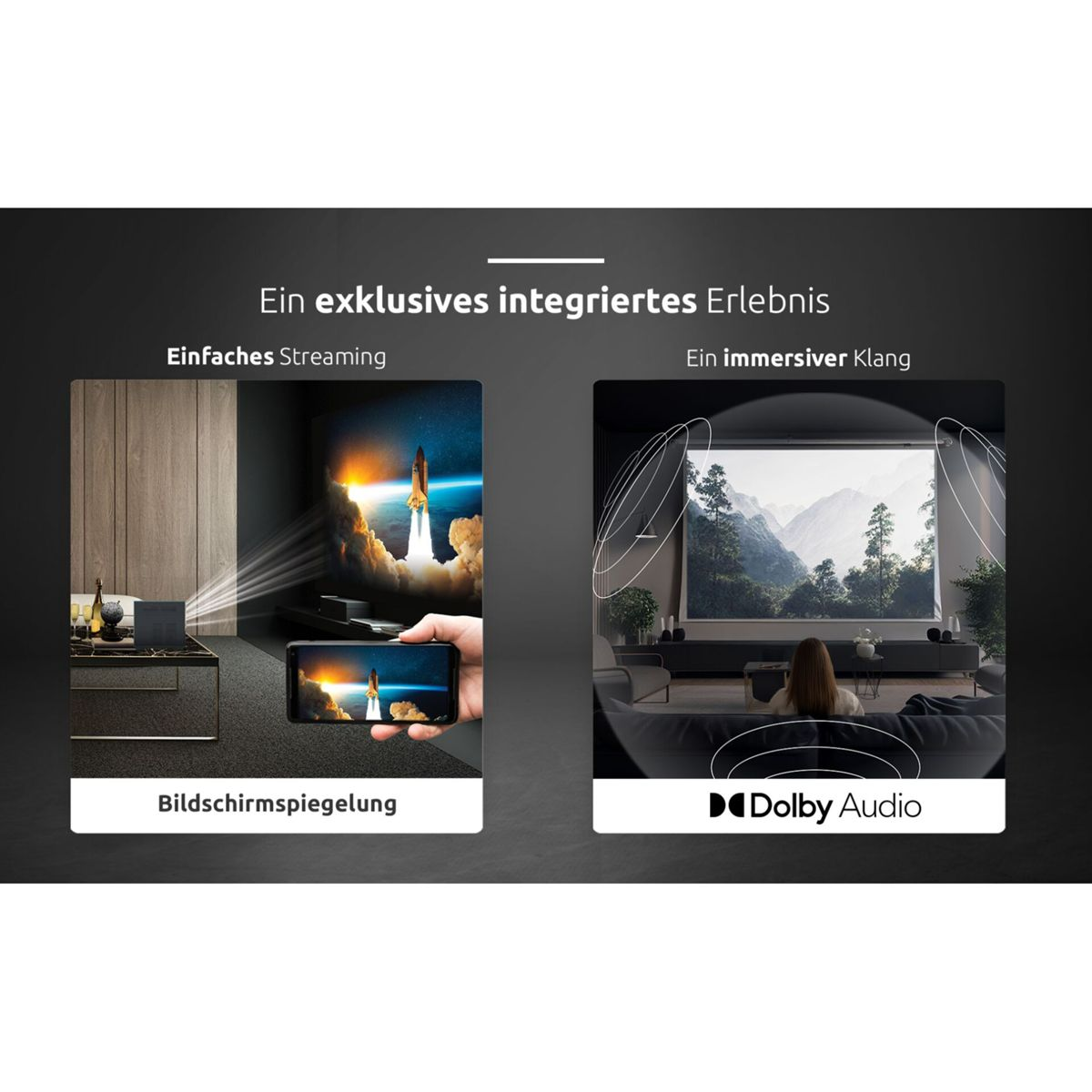 Dwie sceny domu z projektorem wyświetlającym obrazy na ścianie i telefonem z rakietą.