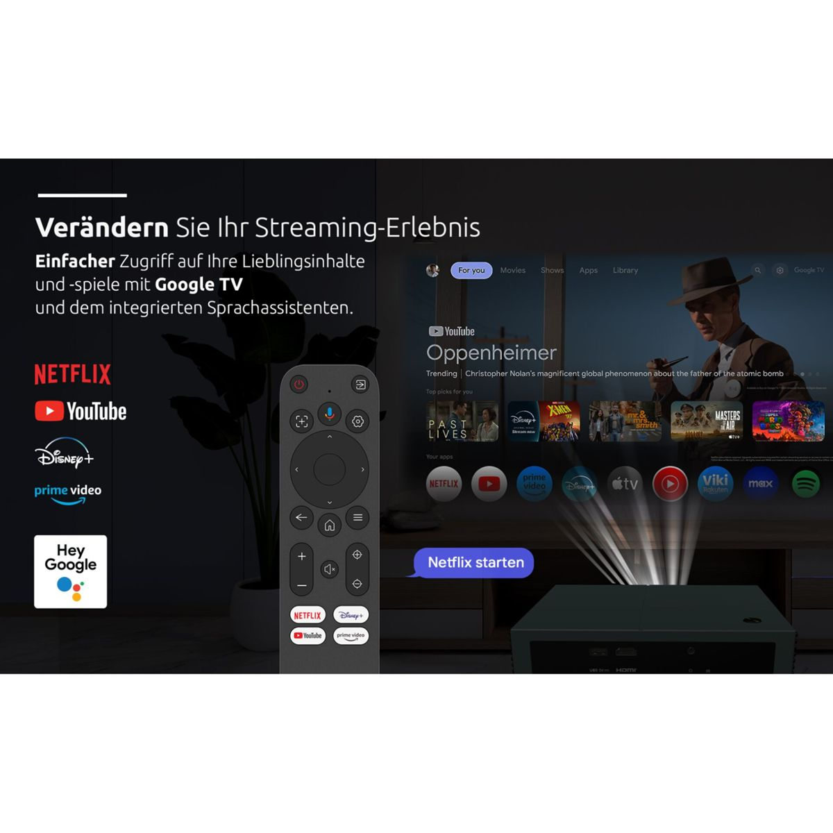 Ekran z aplikacjami do strumieniowania TV i pilotem. Tekst w języku niemieckim.