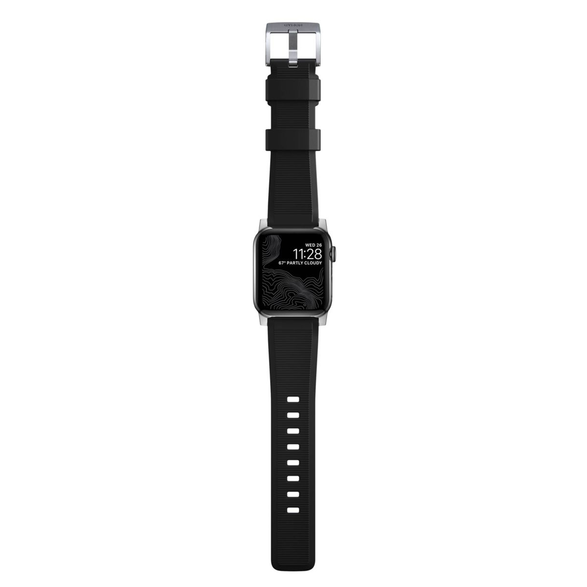 Schwarze Smartwatch mit schwarzem Armband. Der Bildschirm zeigt eine Karte und die Uhrzeit an.