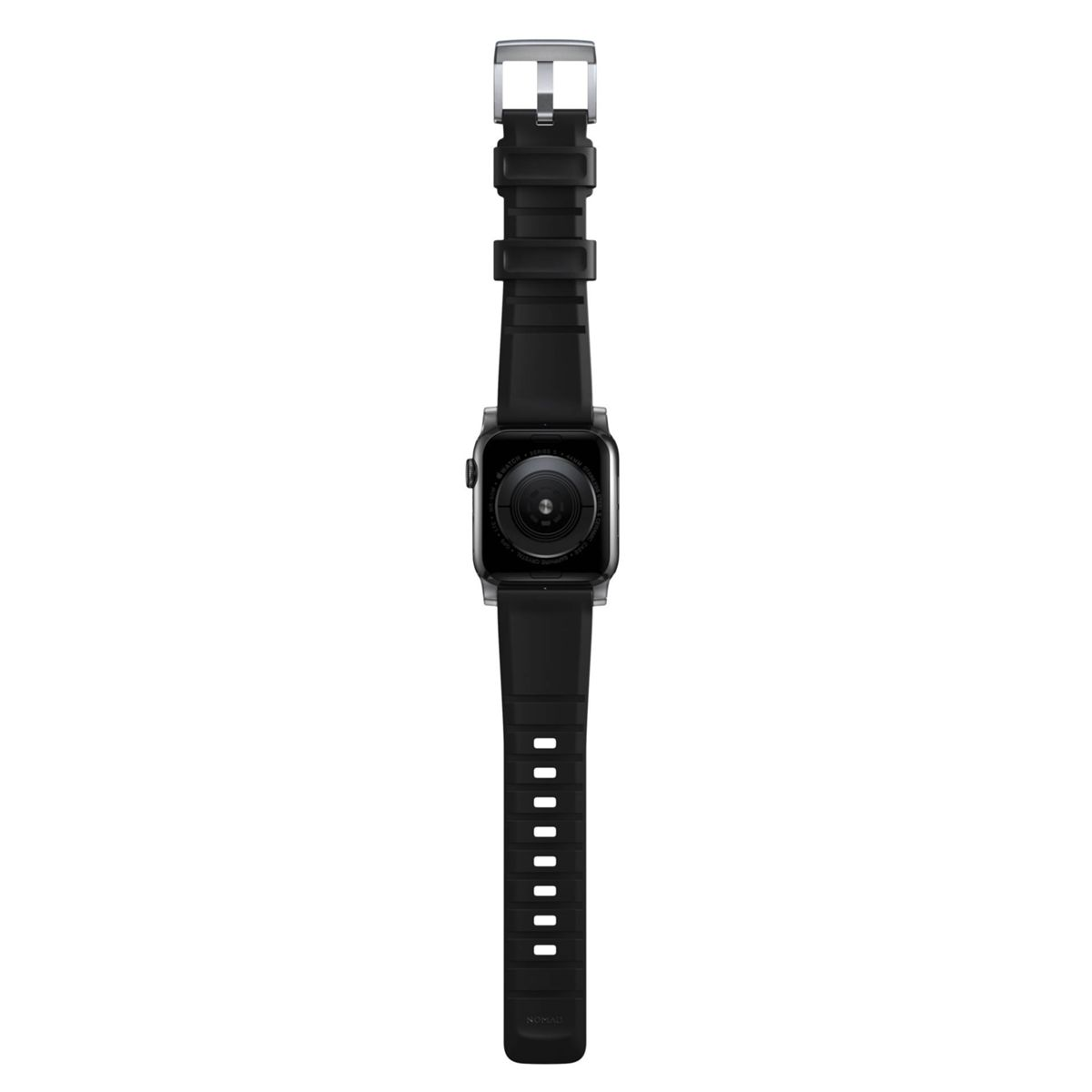 Schwarze Smartwatch auf weißem Hintergrund. Sie hat ein schwarzes Armband und eine Metallschnalle.