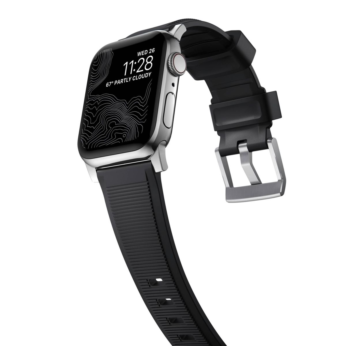 Silberne Smartwatch mit schwarzem Armband, vor weißem Hintergrund. Die Uhr zeigt die Zeit an.