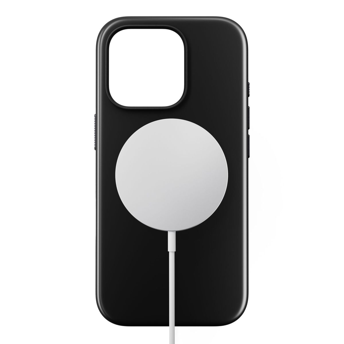 Schwarze Handyhülle mit einem weißen, kreisförmigen Ladegerät. Klares, modernes Design.